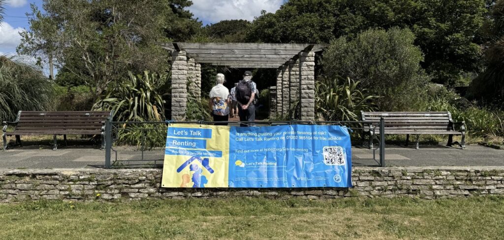 A Let's Talk Renting banner at Shake & Stir in Southbourne