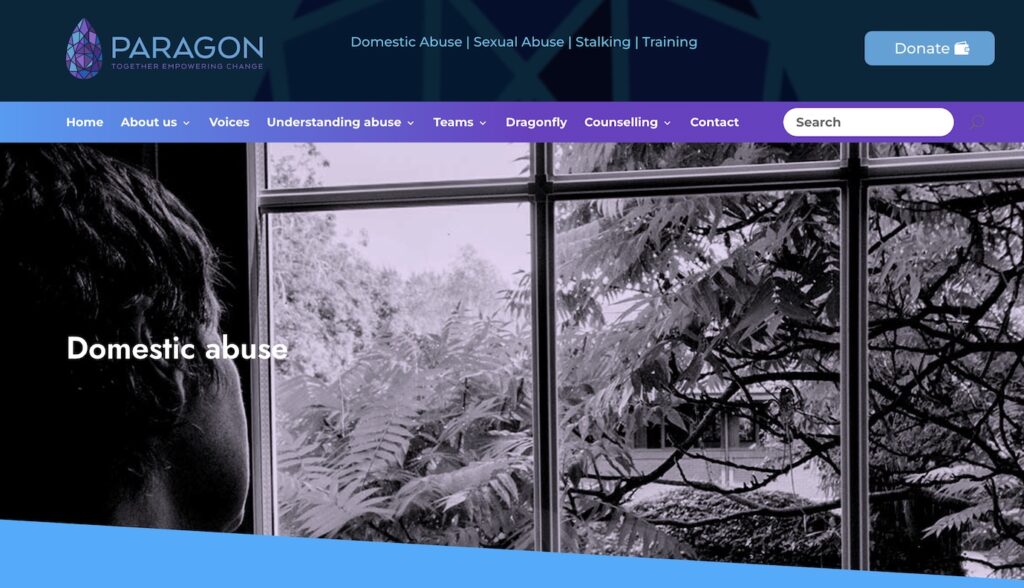 A screenshot of the Paragon website, which can help survivors of domestic abuse.