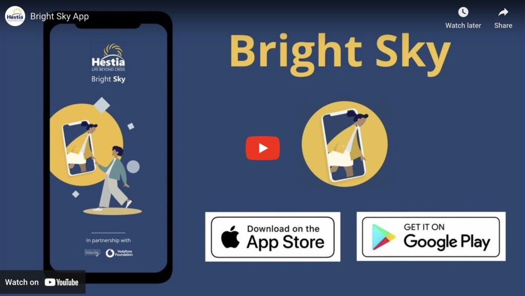 A screenshot of the Bright Sky mobile app, available to download on Apple and Android.